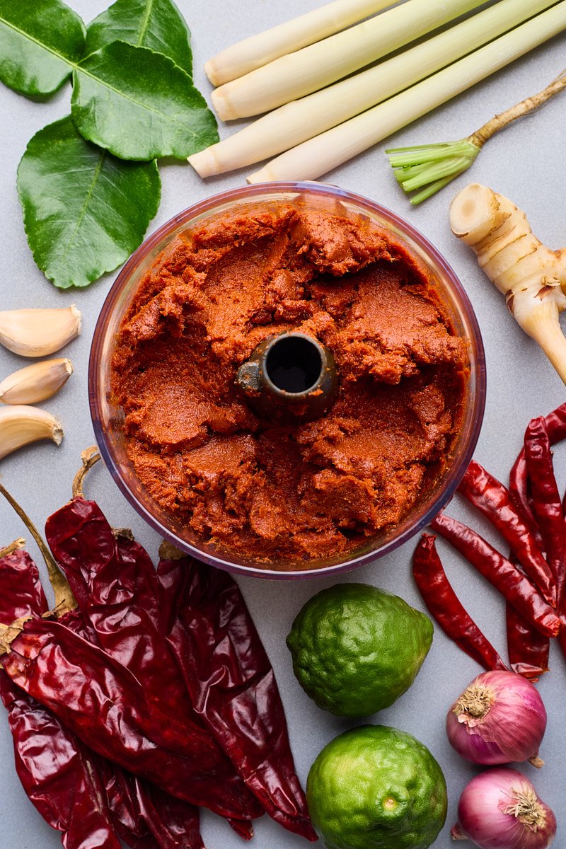 Easy to make Thai red curry paste with food processor.