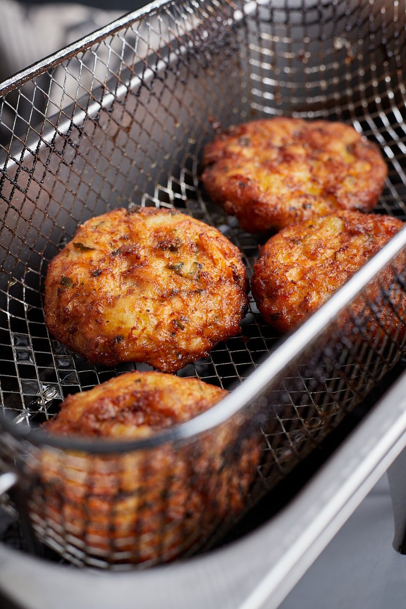 Place patties in deep fryer basket and fry for about 2 to 4 minutes.