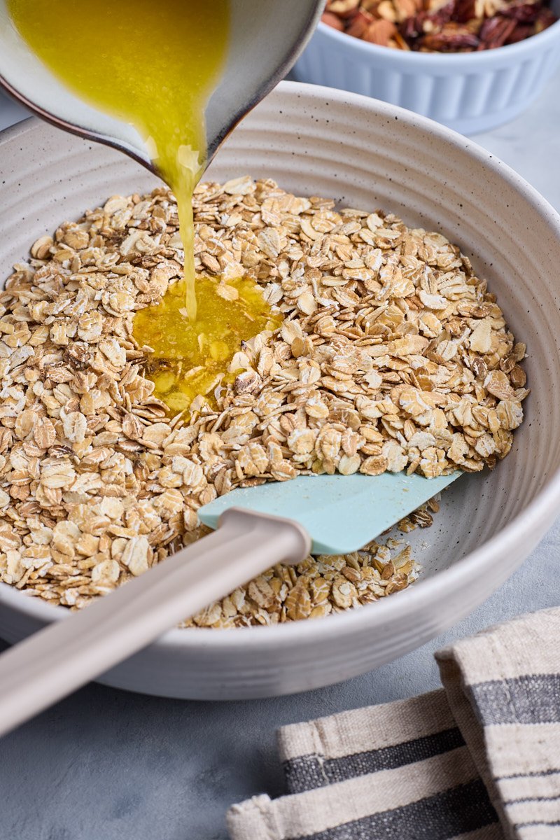 Pour melt butter over the oat ingredients and slat.