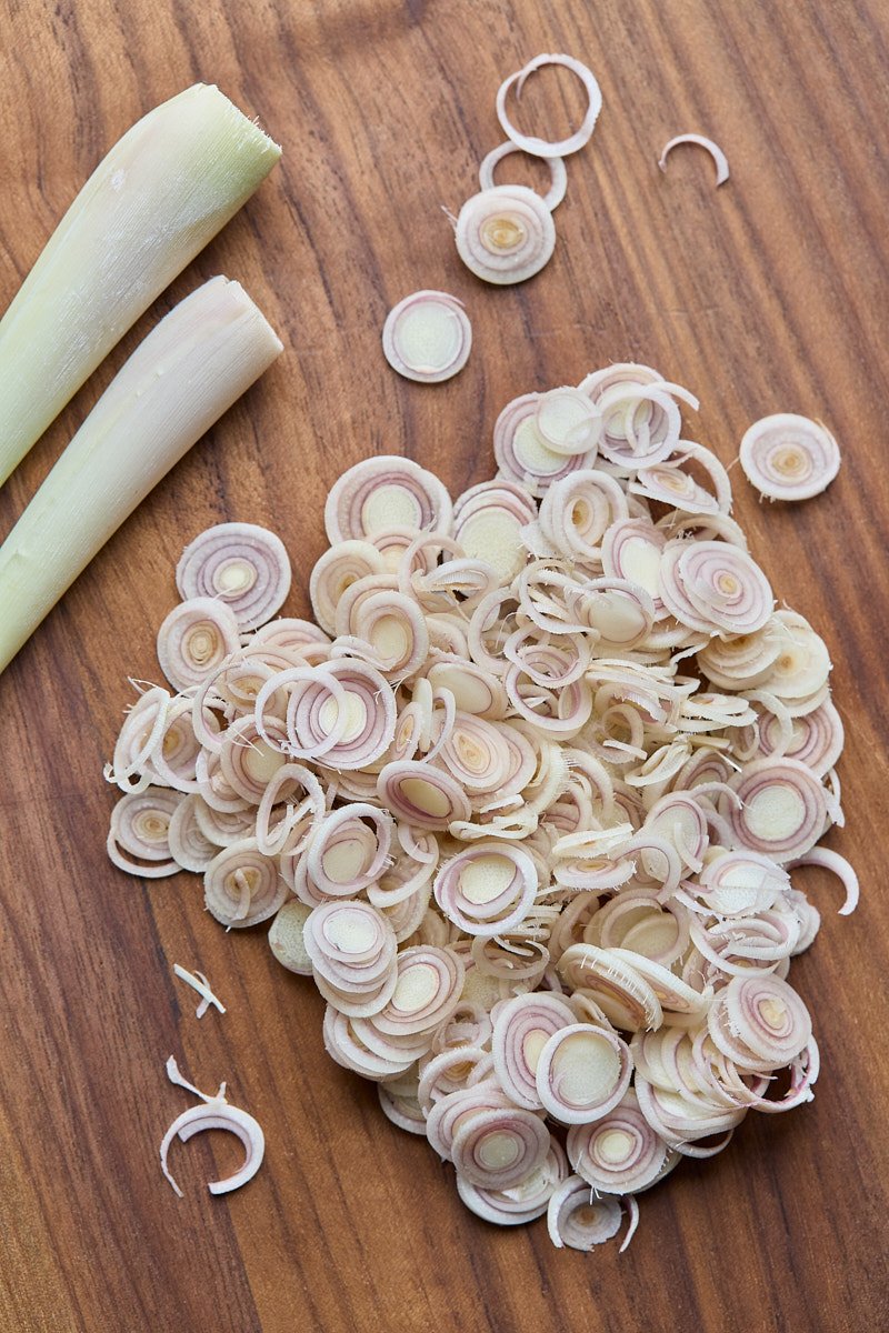 Thinly sliced is the way for using in crispy salmon lemongrass recipe.