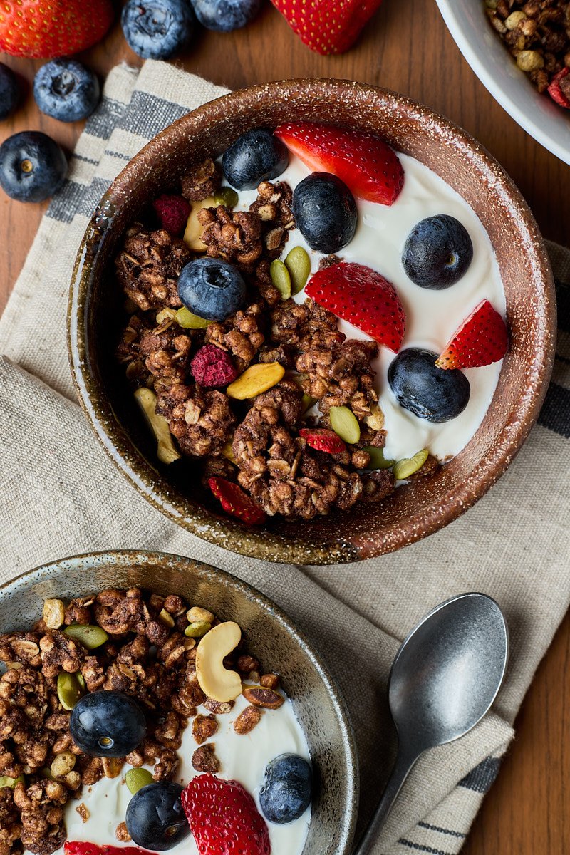 Berries in the bowl provide acidity alongside yogurt.