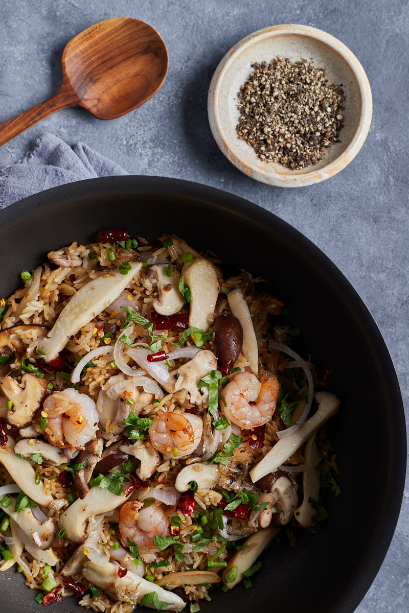 Tasty fried rice in skillet to make at home.