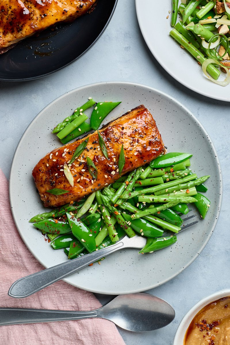 This Asian-style dish is served with greens and asparagus.