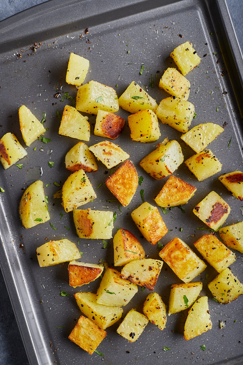 Golden roast potatoes with a pinch of salt, pepper, and drizzle with olive oil.