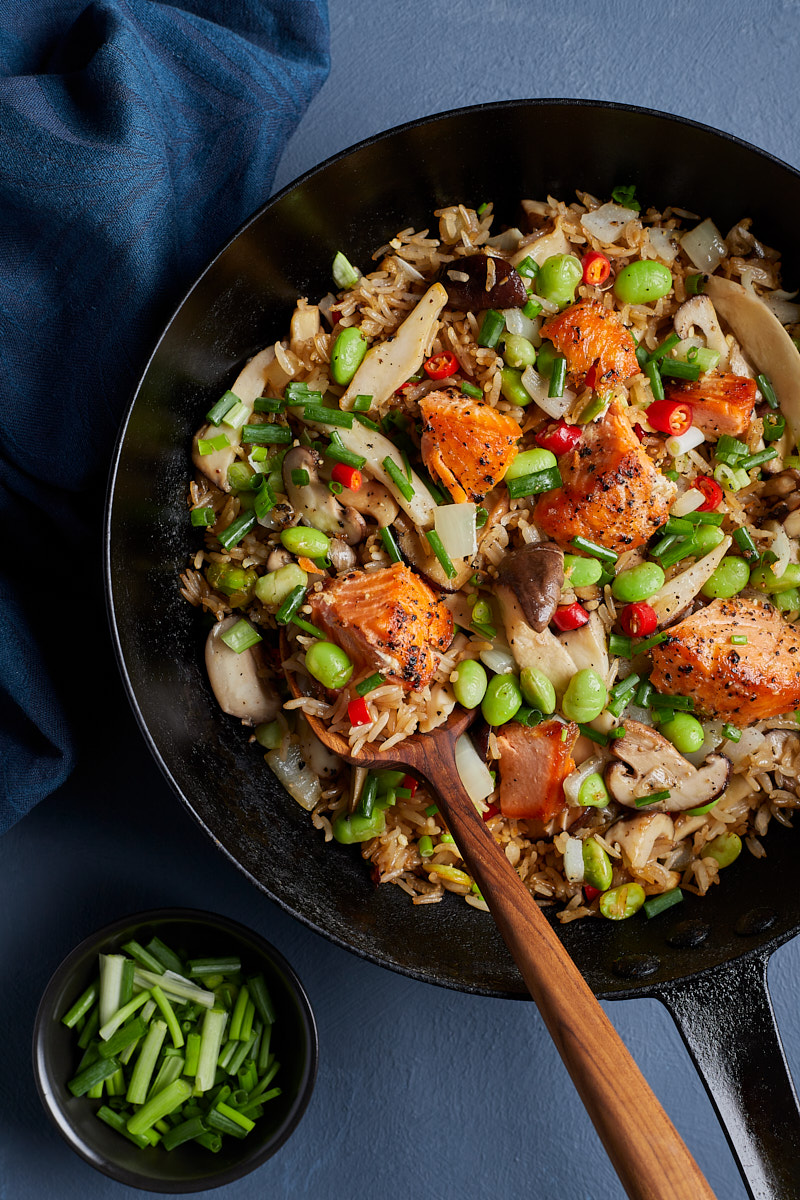 Salmon fire-rice work well in a skillet with spring onion.