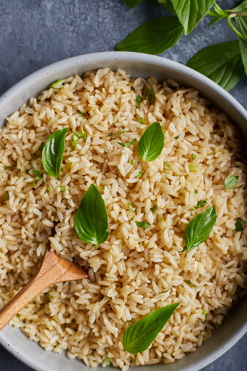 Cook brown rice in a large saucepan.