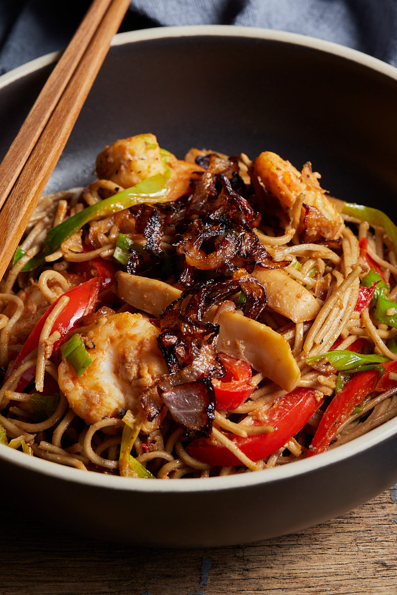 Shrimp and Yaki Noodles Dish with chopsticks