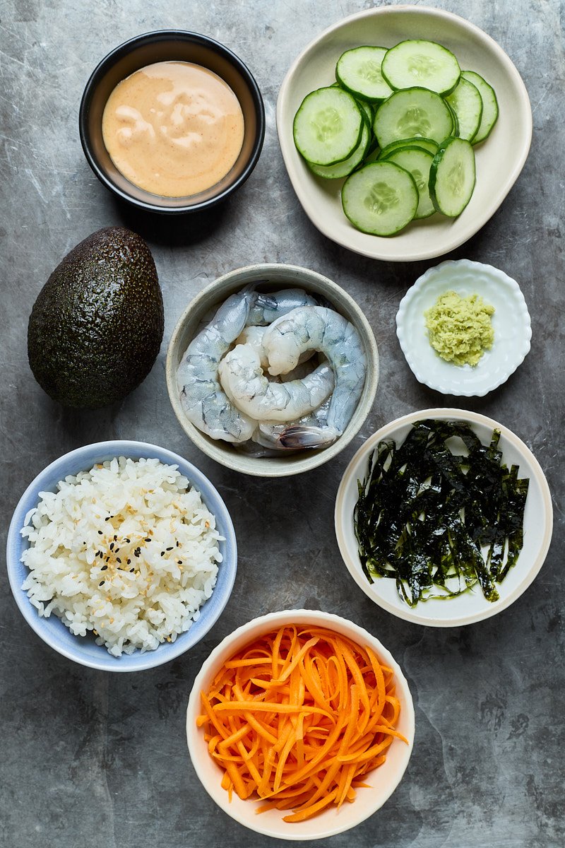 Ingredients for shrimp sushi bowl