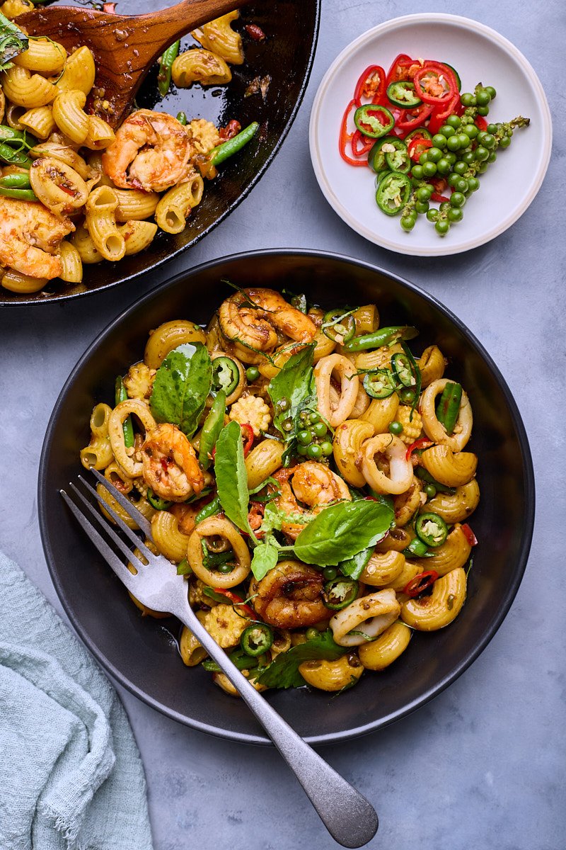 A mix of fragrant spices add to noodle dish.