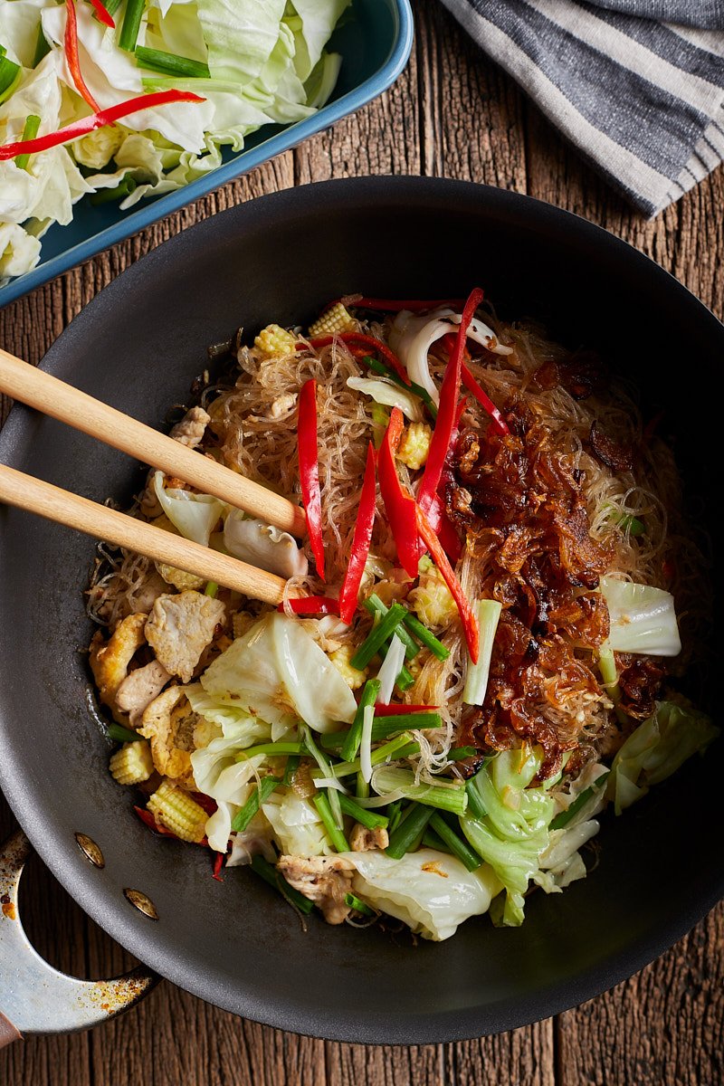 Stir-fired glass noodles work in a wok.