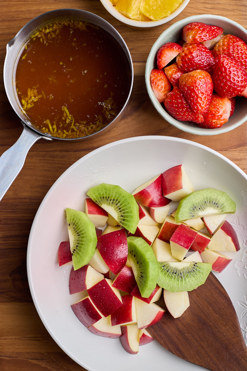 Add dressing to fruit slices and gently toss to combine.